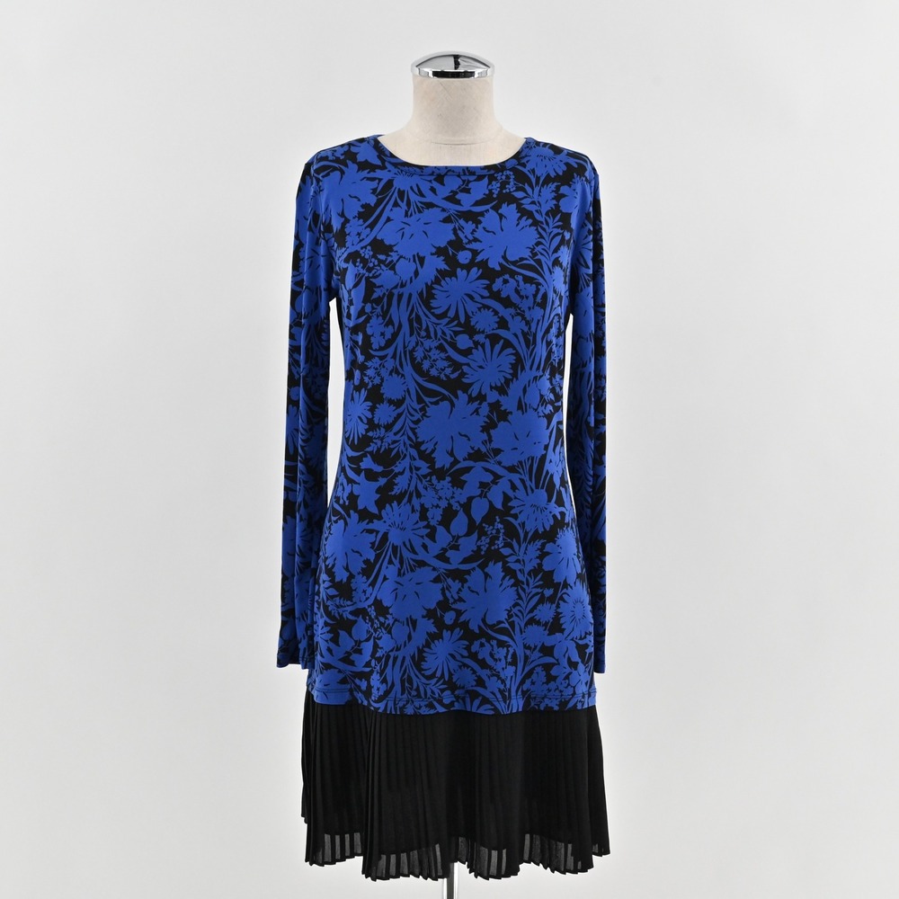 Michael Kors Jersey‎ Dress Size SP Blue Pleated Floral Long Sleeve Drop Waist